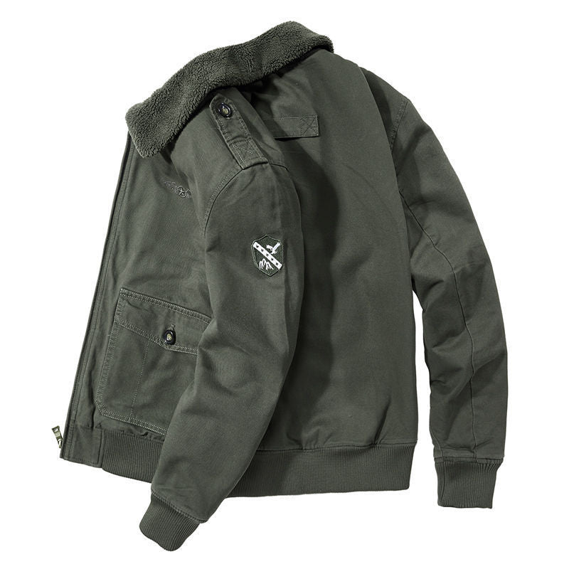 Men's bomber field jacket with continuous Sherpa lining, shoulder flaps, and concealed two-way zipper Mune Fashion