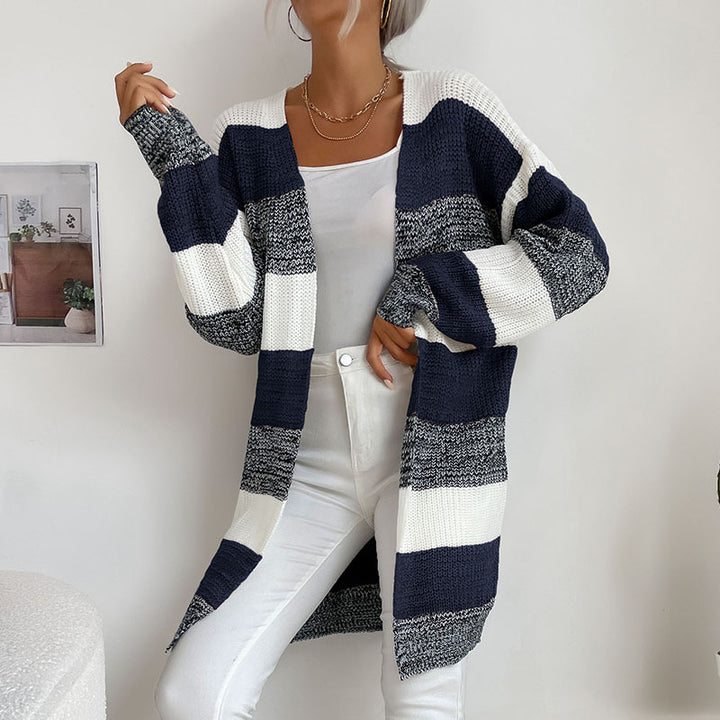 Women's Long Oversized Knit Cardigan with Block Stripes and Open Front Mune Fashion