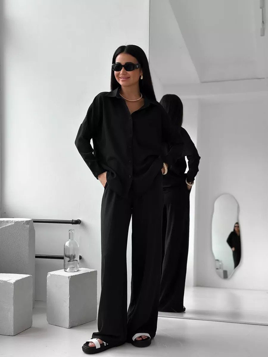 Women Two-Piece Lounge Set Oversize Blouse with Chest Pocket and Wide Palazzo Pants Mune Fashion
