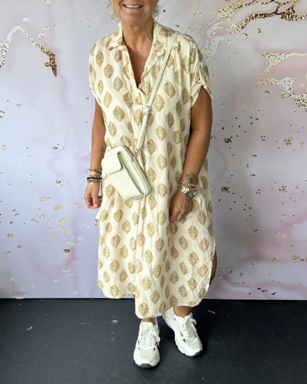 Women's NAN legeres Kaftan-mid dress with shirt collar V-neck short batwing sleeves and side insert pockets Mune Fashion