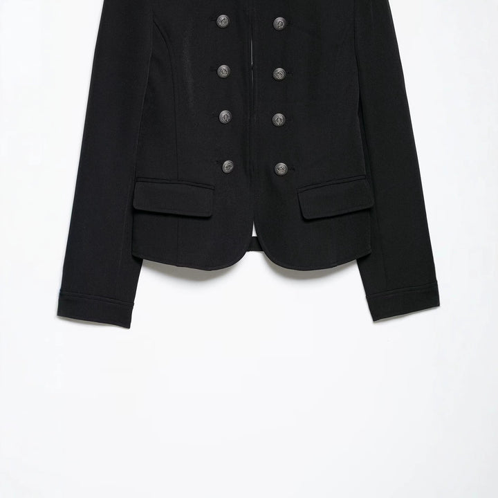 Women Tailored Military Short Jacket with Stand-Up Collar and Double Row Mune Fashion
