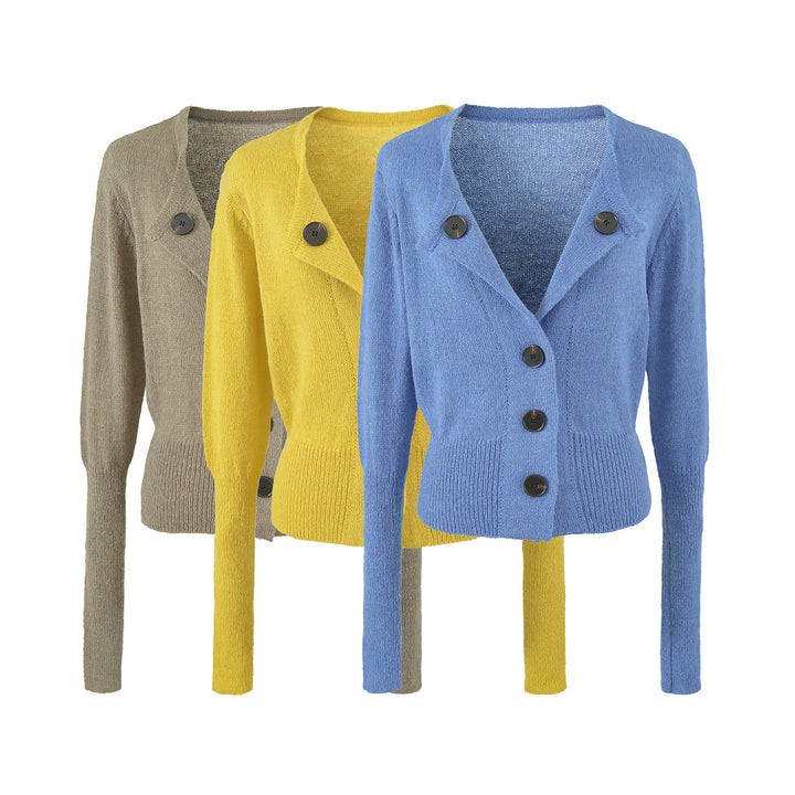 Women's Cropped Tailored Cardigan with Shawl Collar and Large Decorative Buttons Mune Fashion