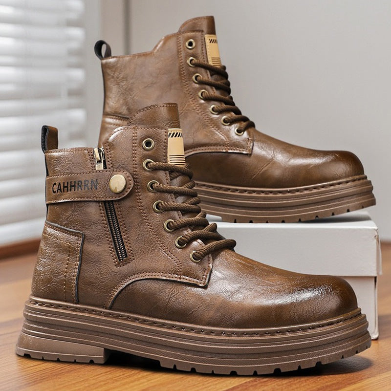 Men's robust leather look combat boots with side zipper and padded platform sole Mune Fashion