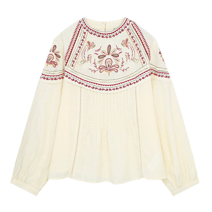 Women Embroidered Boho Blouse with Round Neck, Pleats and Lace Yoke Mune Fashion