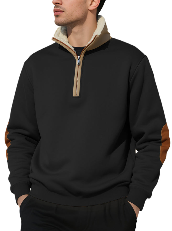 Men's nano lightweight half-zip sweatshirt with sherpa lined stand-up collar and faux leather elbow patch Mune Fashion