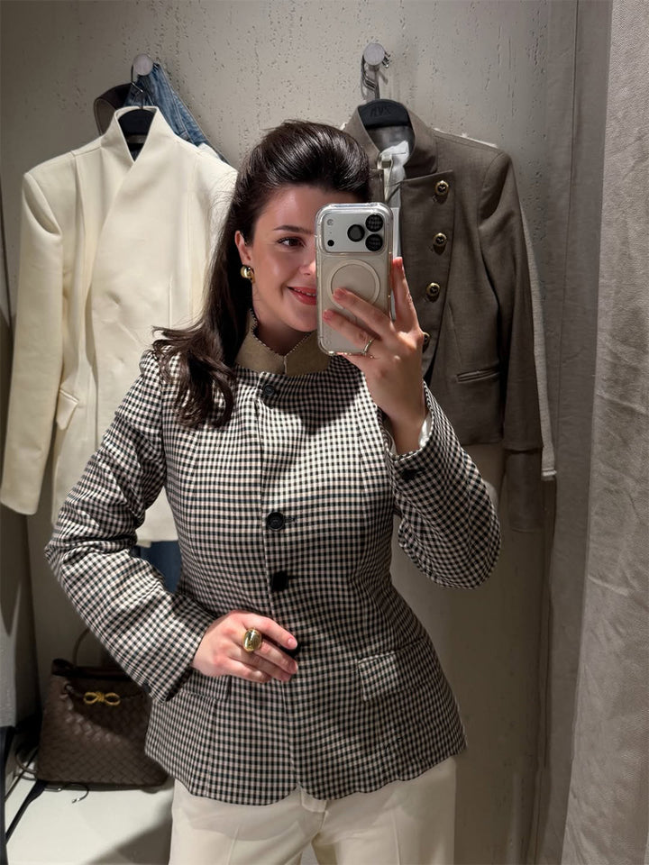 Women's Tailored Short Blazer in Vichy Check with Stand Collar and Curved Hem Mune Fashion