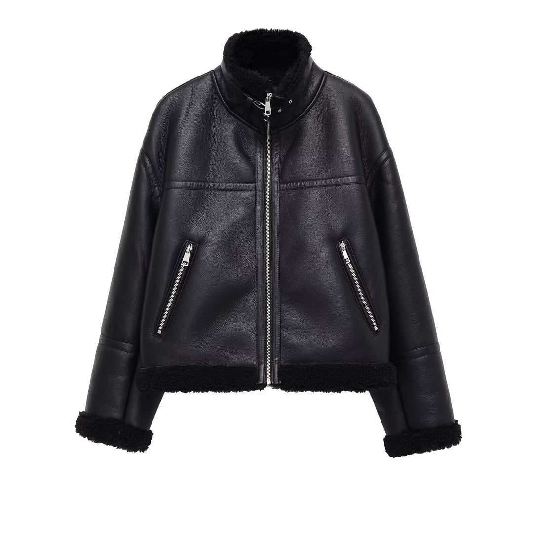 Women's Oversize Pilot Jacket made of Faux Leather with Teddy Lining and Stand Collar Mune Fashion