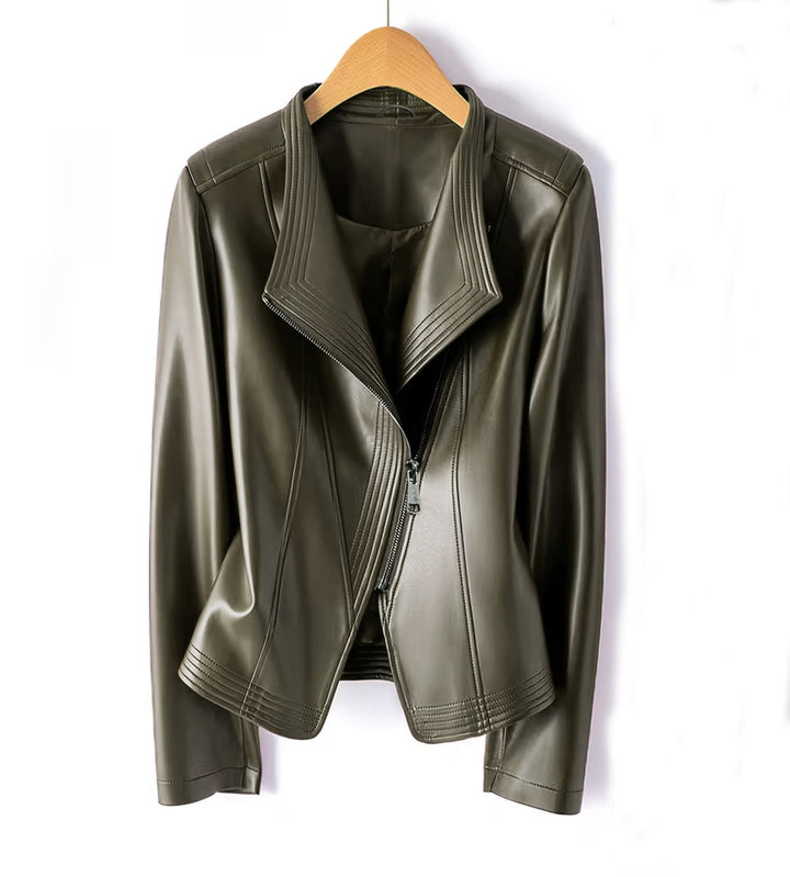 Women Fashionable Faux Leather Jacket with Asymmetrical Zipper Mune Fashion