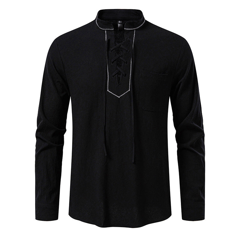 Men's Lightweight Cotton Blend Henley Shirt with Lace Placket and Stand Collar Mune Fashion