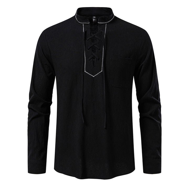 Men's Lightweight Cotton Blend Henley Shirt with Lace Placket and Stand Collar Mune Fashion