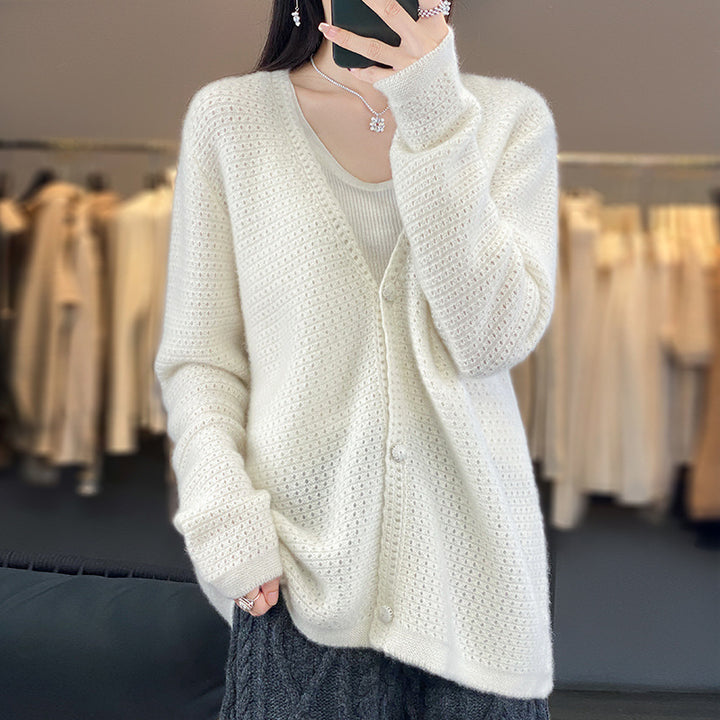 Women's Open Ajour Knit Cardigan with Subtle Plush Finish and Boxy Oversize Silhouette Mune Fashion