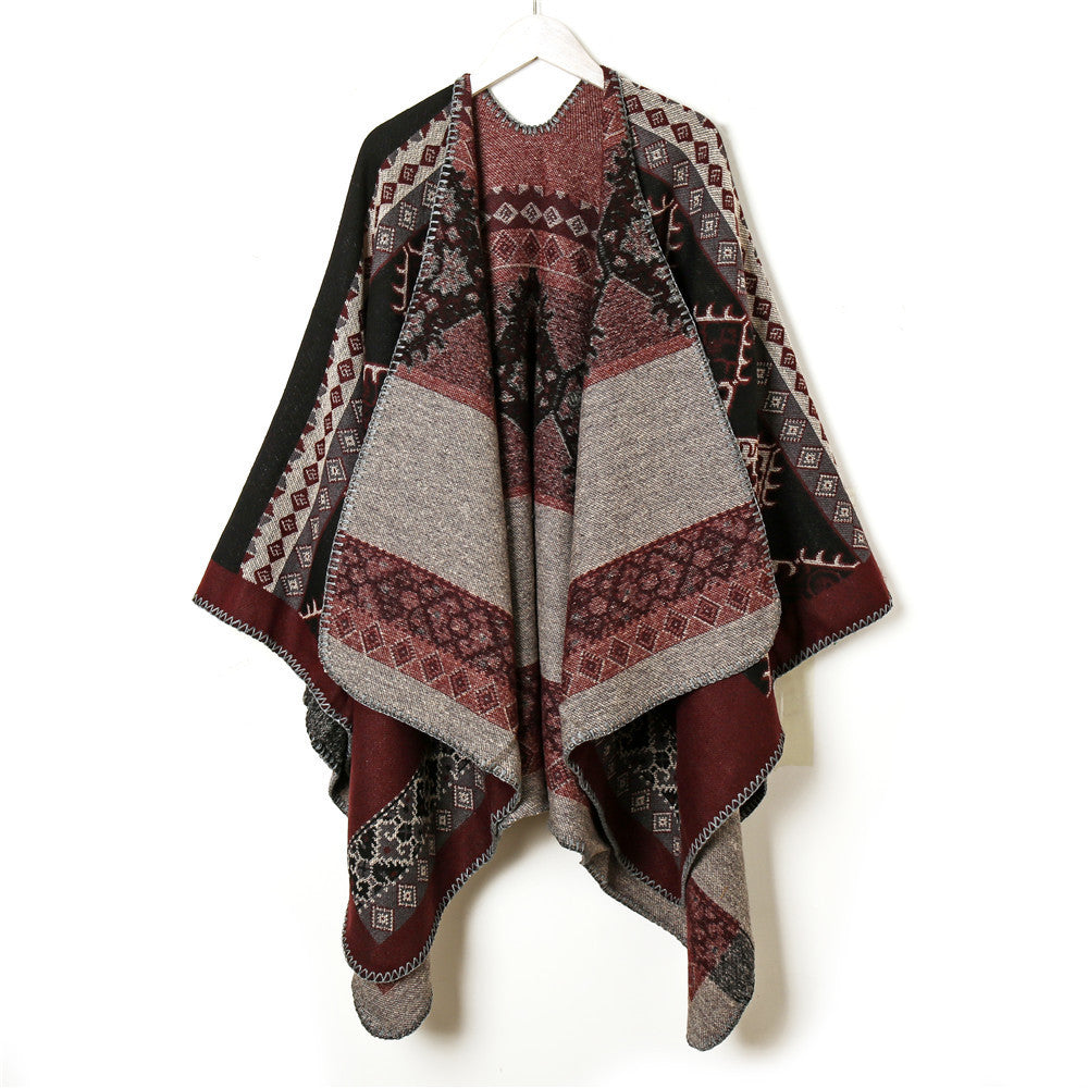 Ladies wool blend jacquard cape poncho in ethnic look with decorative stitch Mune Fashion