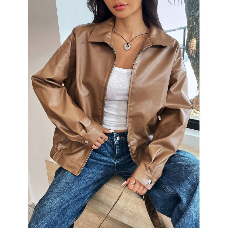 Women Oversized Faux Leather Blouson with Zipper and Shirt Collar Mune Fashion