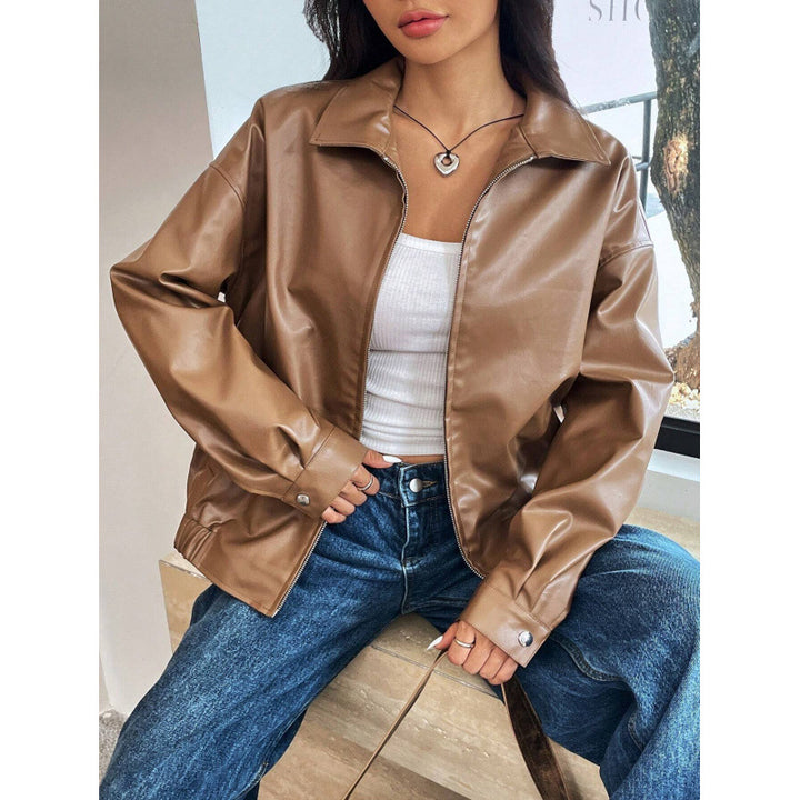 Women Oversized Faux Leather Blouson with Zipper and Shirt Collar Mune Fashion