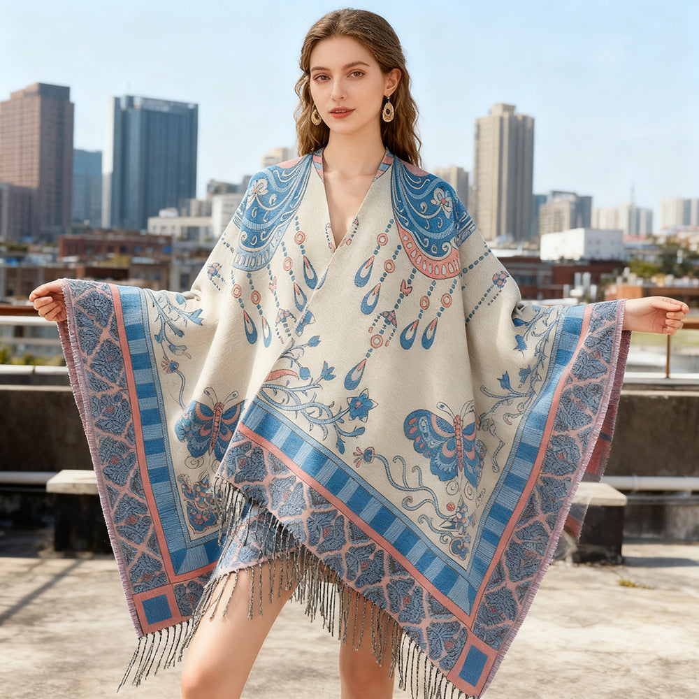 Women's Jacquard-Woven Fringe Poncho in Tapestry Look Mune Fashion