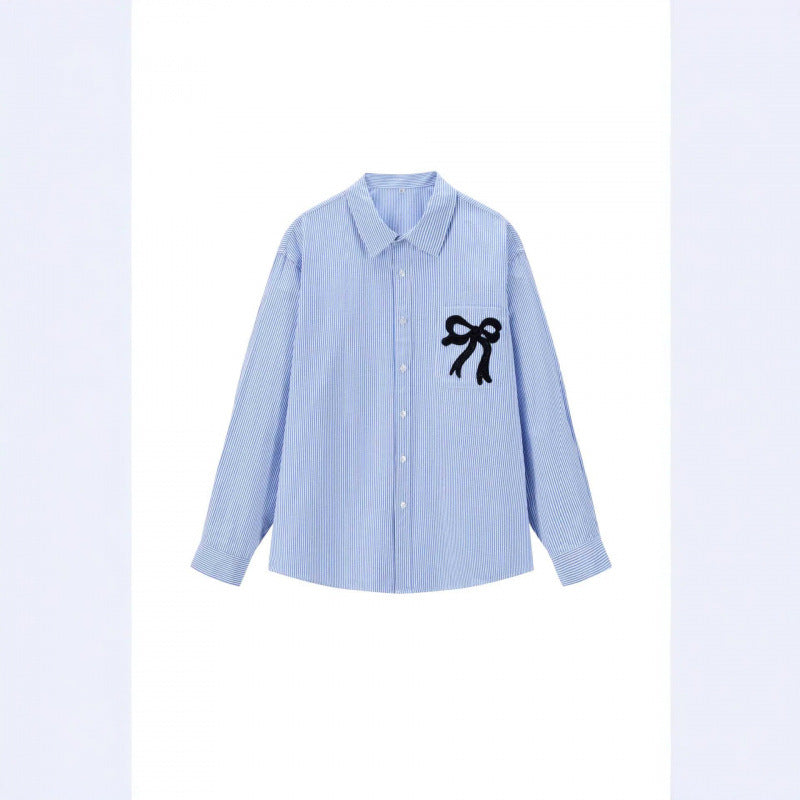 Women Oversize Casual Shirt with fine pinstripe and decorative bow application Mune Fashion