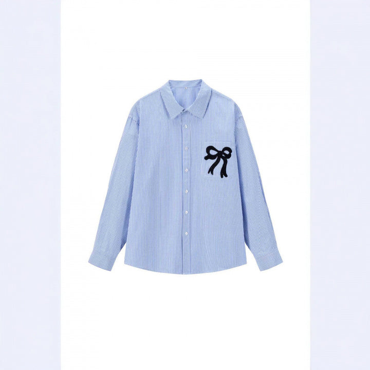Women Oversize Casual Shirt with fine pinstripe and decorative bow application Mune Fashion