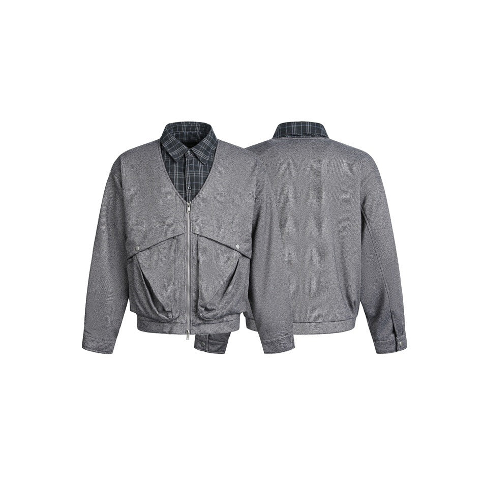 Men's short-cut layered bomber jacket with V-neck and flap pockets Mune Fashion