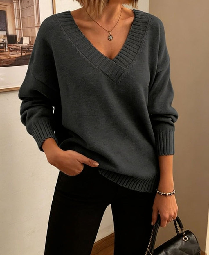 Women's fine knit sweater with deep V-neck and dropped shoulder Mune Fashion
