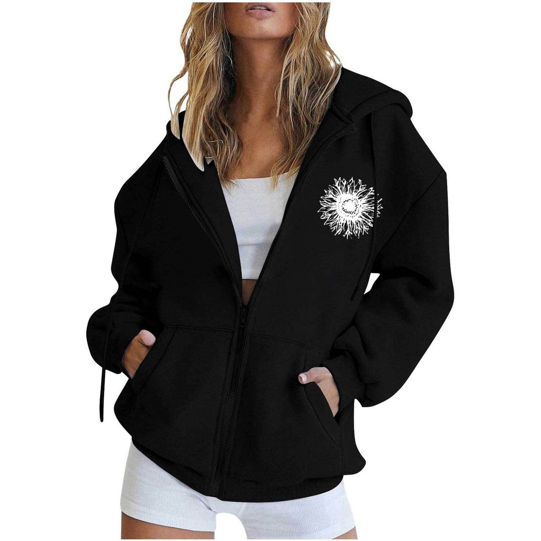 Women oversized hoodie jacket with front zipper, kangaroo pockets and stylized sunflower print Mune Fashion