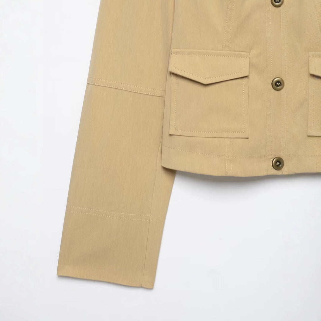 Women's Short Double-Breasted Utility Blouson with High Standing Collar and Flap Pockets