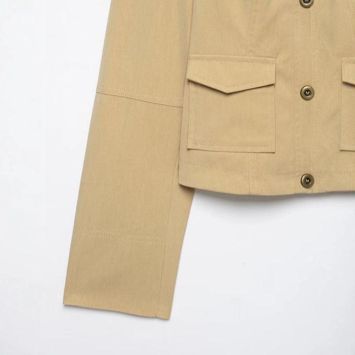 Women's Short Double-Breasted Utility Blouson with High Standing Collar and Flap Pockets