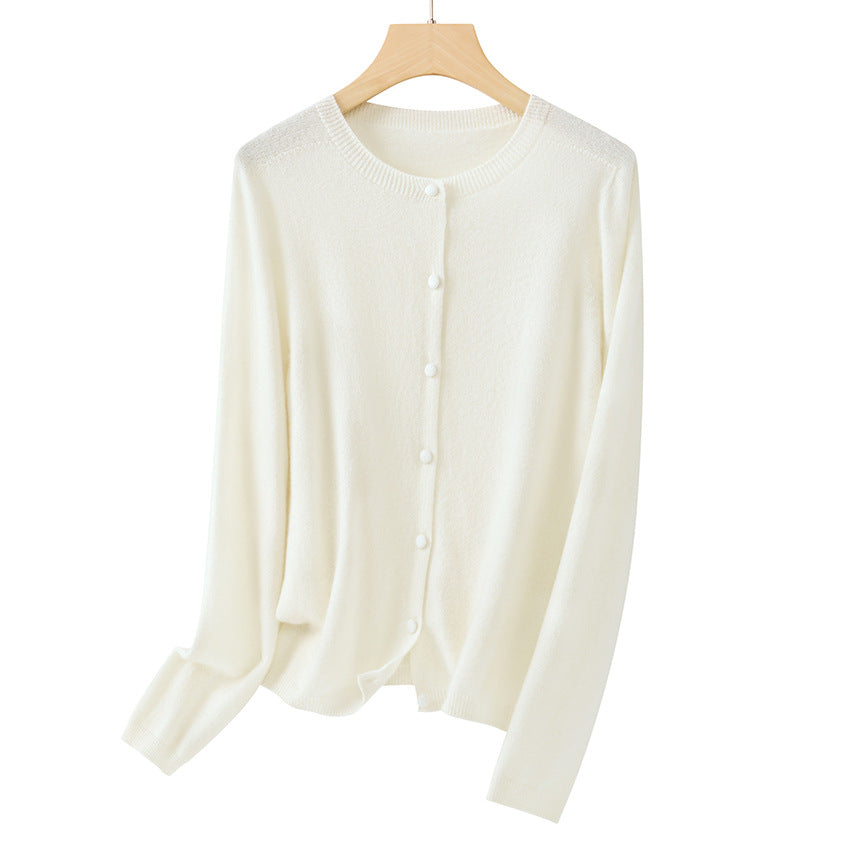 Women Fine Round Neck Cardigan with Button Placket and Light Fleece Mune Fashion