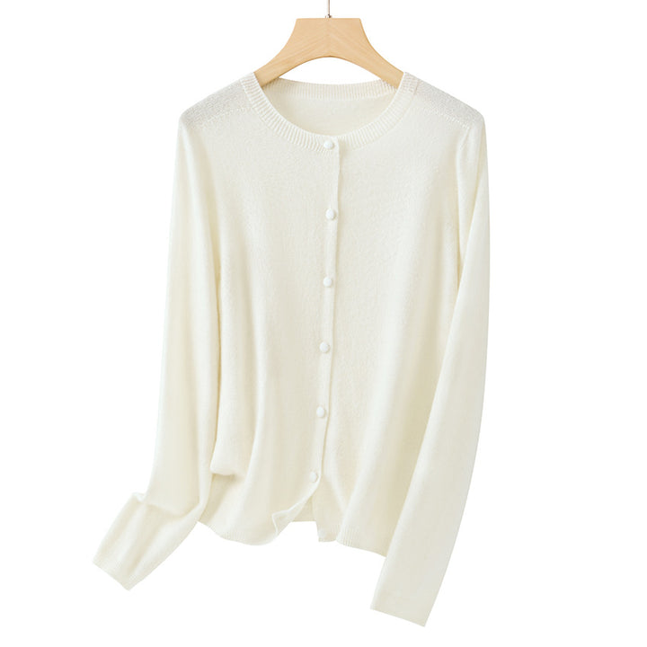 Women Fine Round Neck Cardigan with Button Placket and Light Fleece Mune Fashion