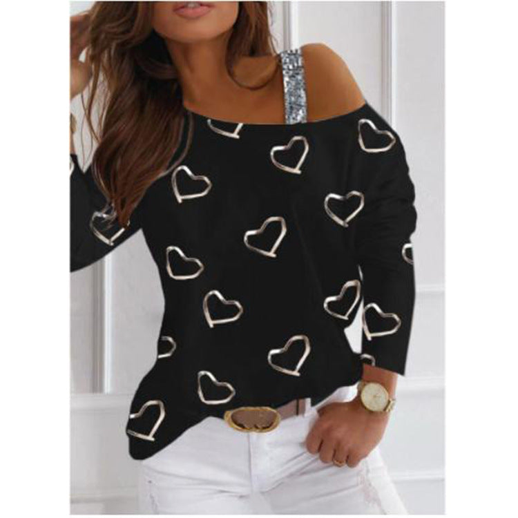 Women Off-Shoulder Knit Sweater with Heart Print and Sequin Straps Mune Fashion