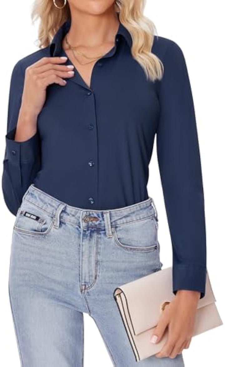 Women's Classic Viscose-Stretch Shirt Blouse with Kent Collar and Cuffs Drune