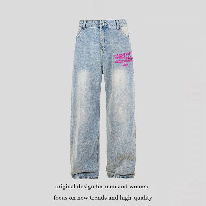 Ladies Wide High-Waist Jeans in Vintage Look with Elastic Hem and Statement Embroidery Mune Fashion