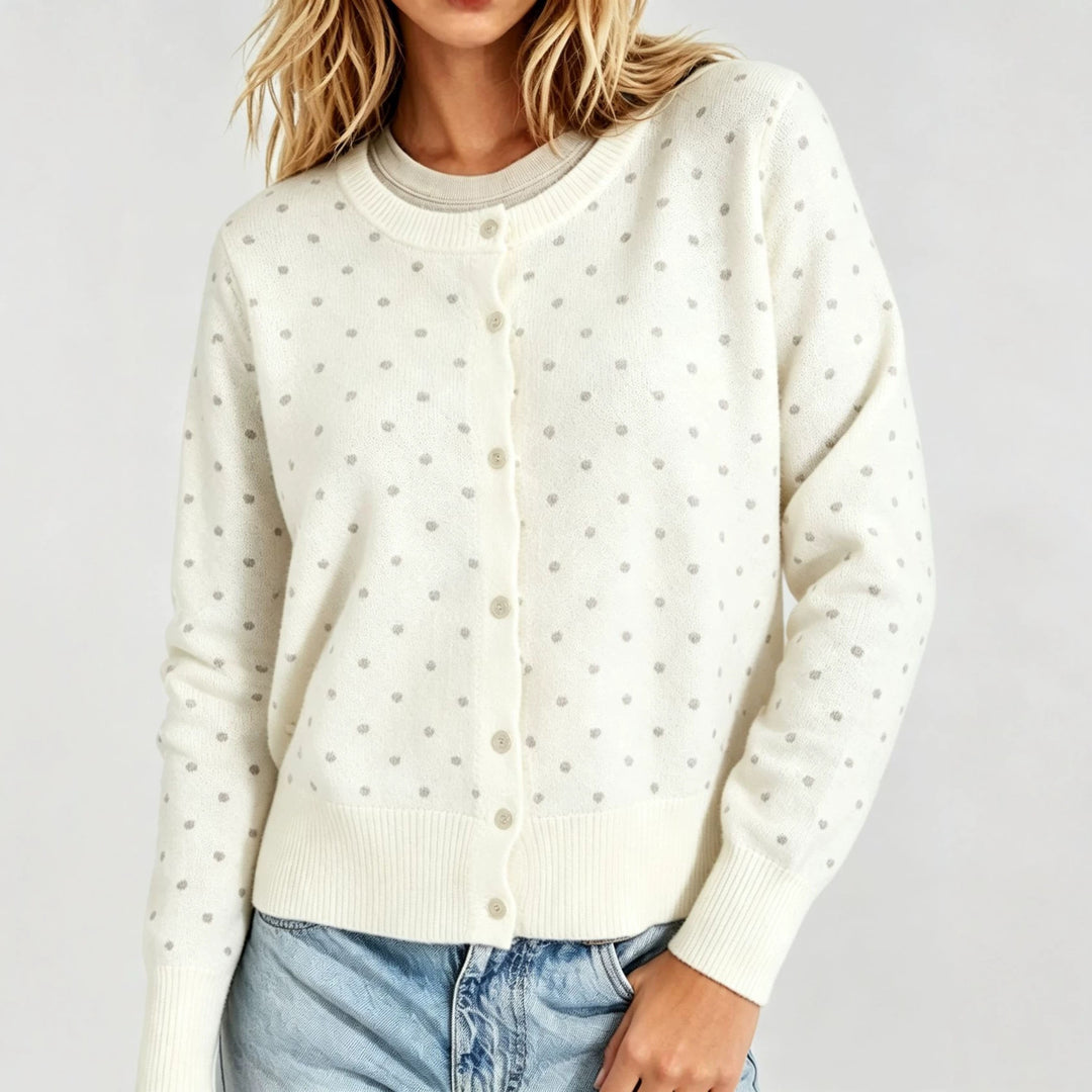 Women's Dotted Fine Knit Cardigan with Round Neck and Ribbed Cuffs Mune Fashion