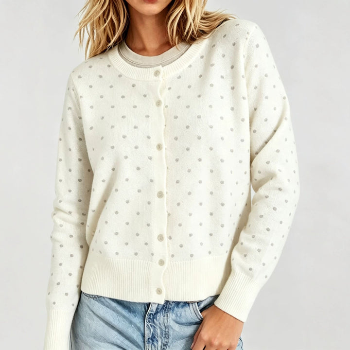 Women's Dotted Fine Knit Cardigan with Round Neck and Ribbed Cuffs Mune Fashion