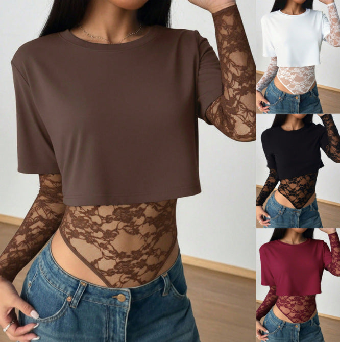 Women’s Short Cut Shirt with Transparent Lace Bodysuit Overlay Mune Fashion