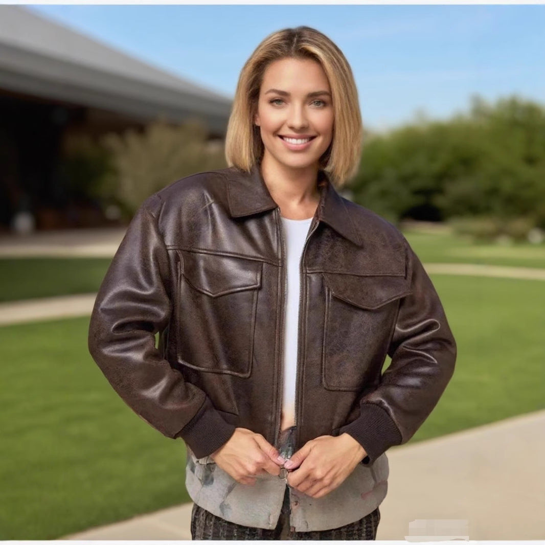Women Short Cut Bomber Jacket made of Faux Leather with Large Flap Pockets Mune Fashion