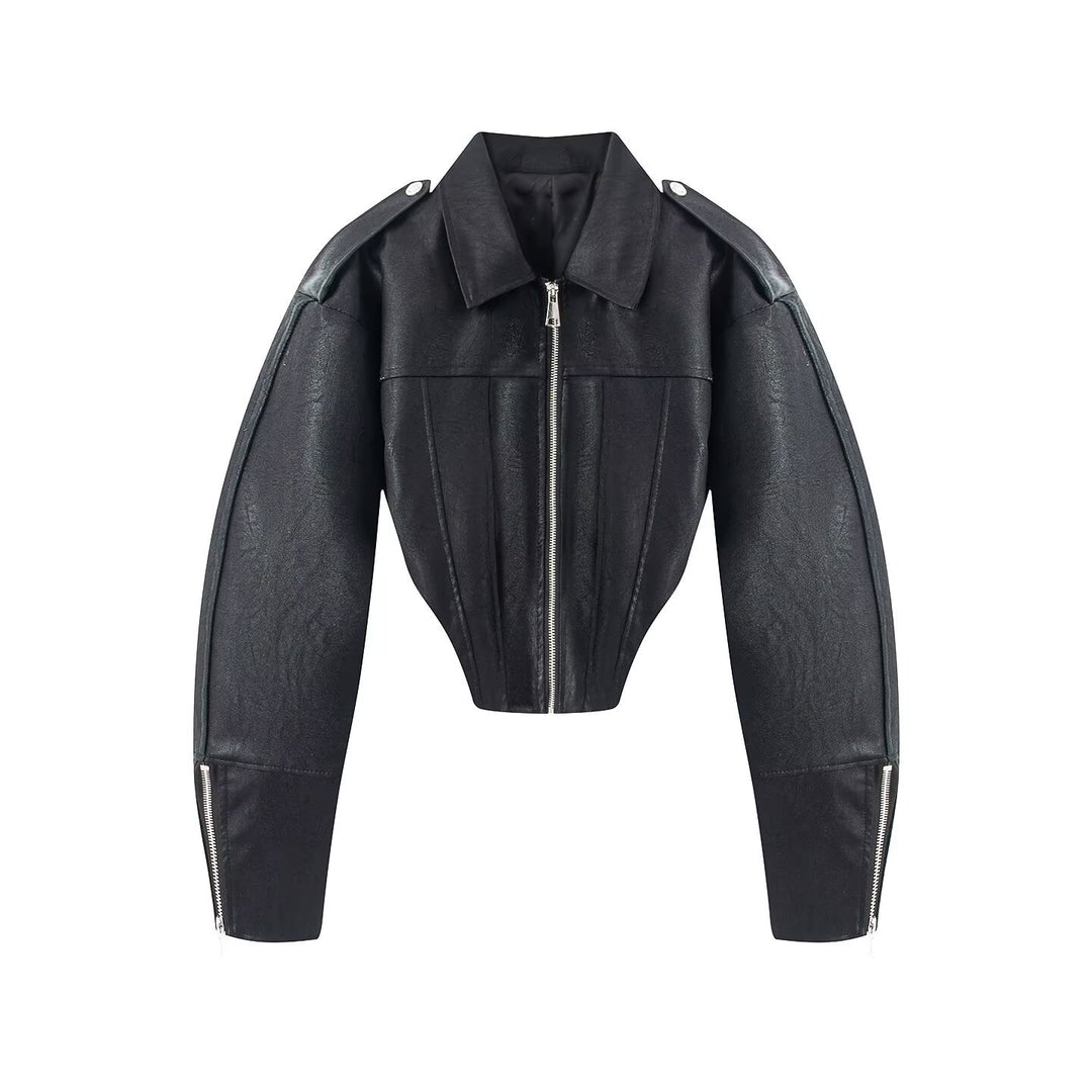 Women's short jacket in corset style made of leatherette with emphasized shoulder area Mune Fashion