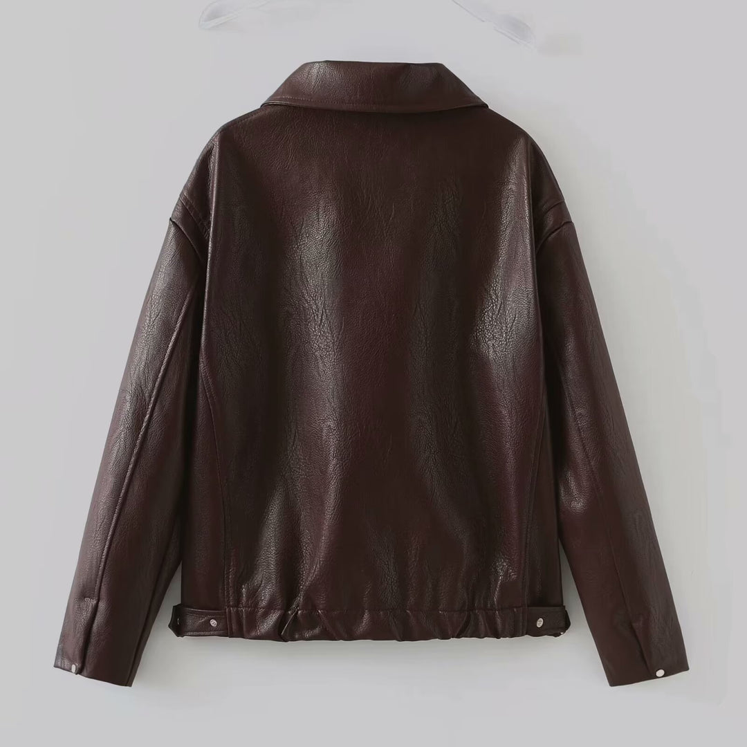 Women Short Oversized Leather Look Jacket with Zipper, Hem Band and Kent Collar Mune Fashion
