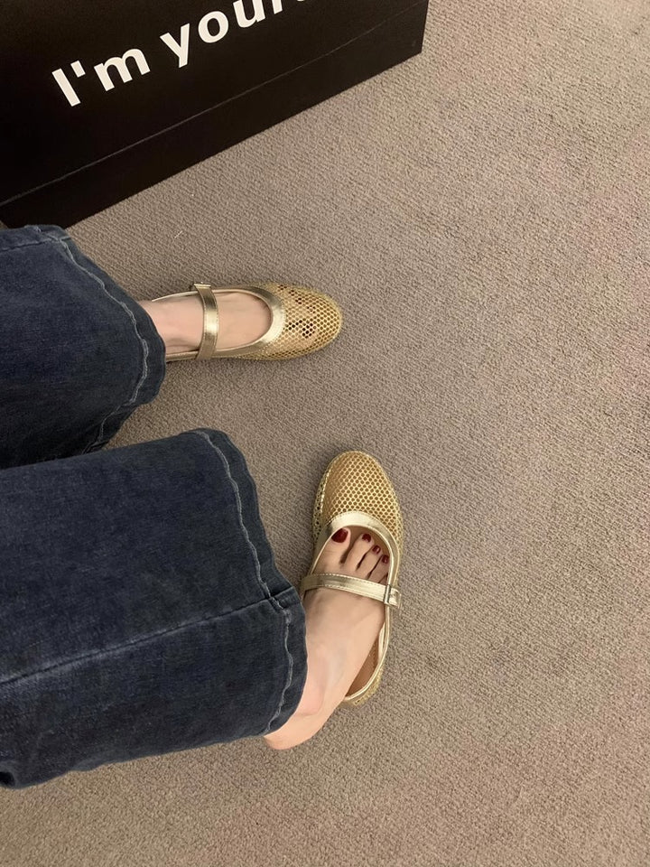 Damen Atmungsaktive Netz-Ballerinas im Mary-Jane-Stil mit verstellbarem Riemen Mune Fashion