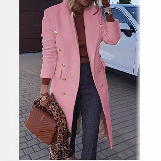 Women tailored double-breasted wool blend coat with gold decorative buttons and knee-length silhouette Mune Fashion