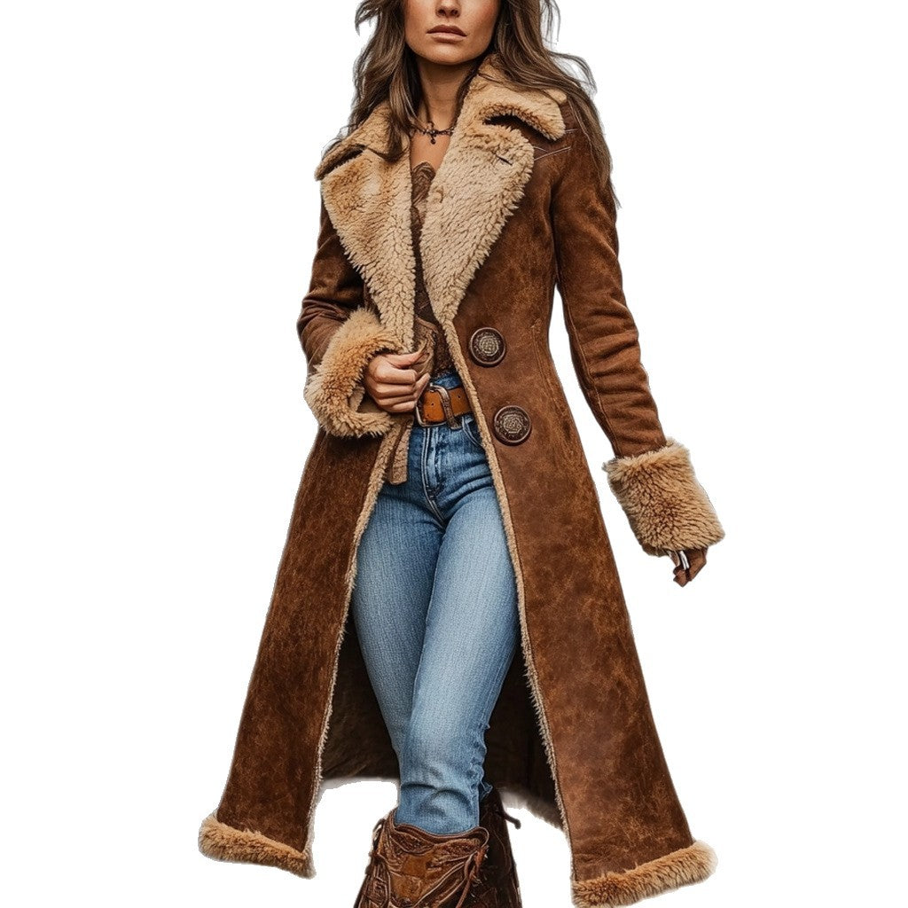 Women's tailored long coat with teddy lining, suede look and decorative button placket Mune Fashion