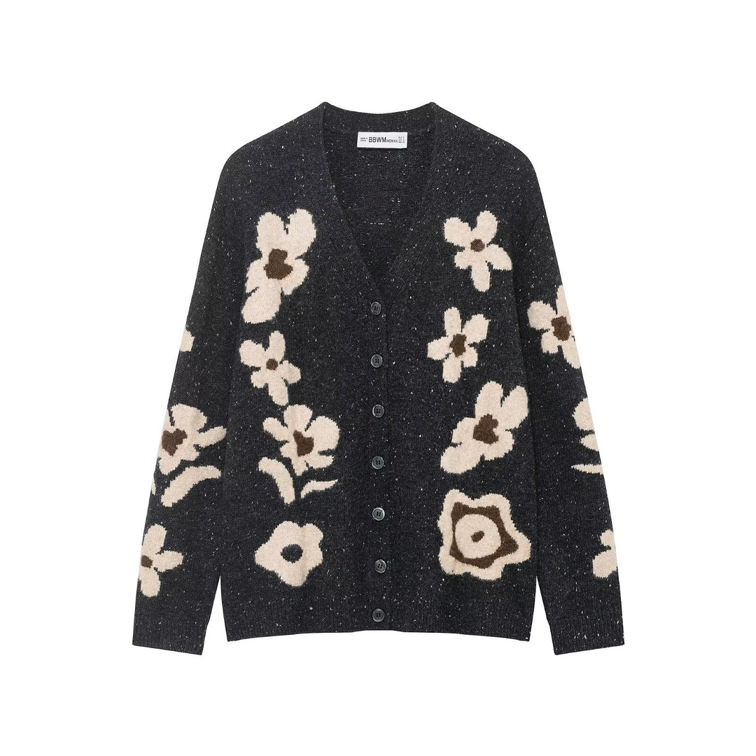 Women's Short Cardigan with Leopard Print and Pearl Flower Buttons Mune Fashion