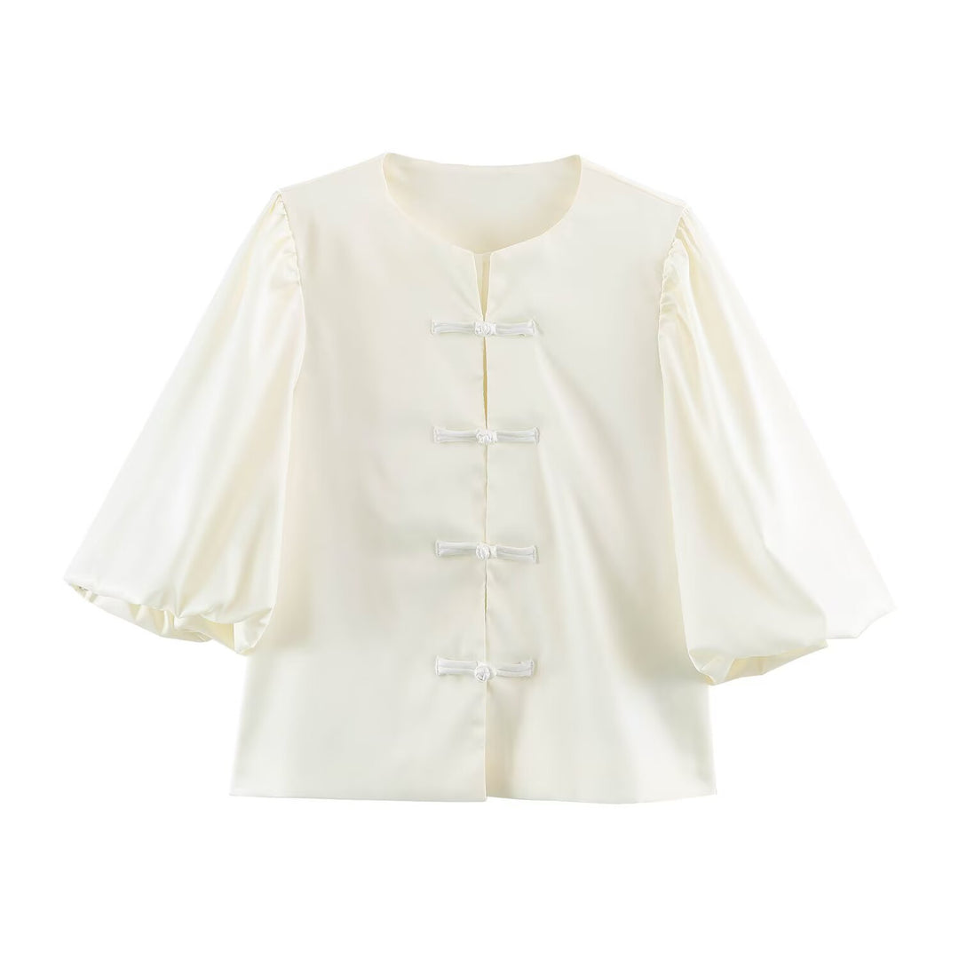 Women’s satin blouse with Chinese knot closures and 3/4 balloon sleeves Mune Fashion