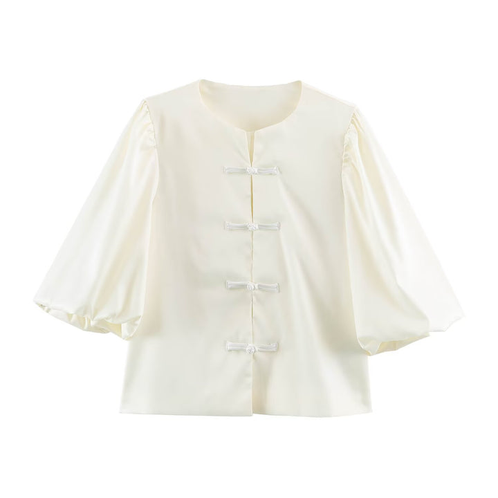 Women’s satin blouse with Chinese knot closures and 3/4 balloon sleeves Mune Fashion