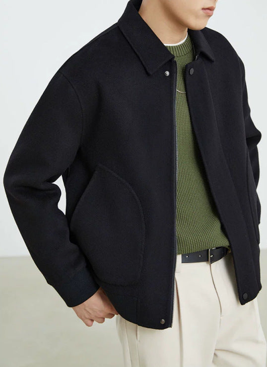 Men's Boxy Wool Blend Zip Jacket with Concealed Button Placket and Round Patch Pockets Mune Fashion