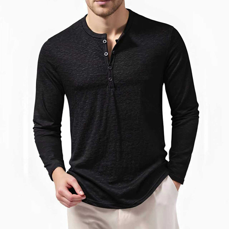 Men's Slim-Fit Henley Long Sleeve Shirt with Short Button Closure and Rounded Hem Mune Fashion