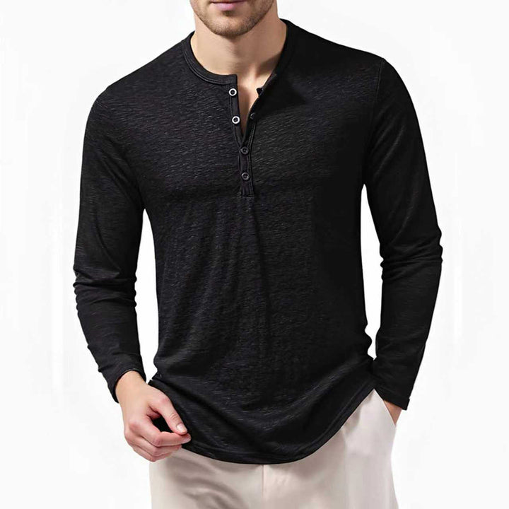 Men's Slim-Fit Henley Long Sleeve Shirt with Short Button Closure and Rounded Hem Mune Fashion