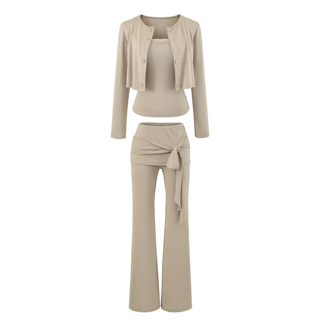 Women's three-piece lounge set with short button cardigan, lace top, and wrap flare pants Mune Fashion