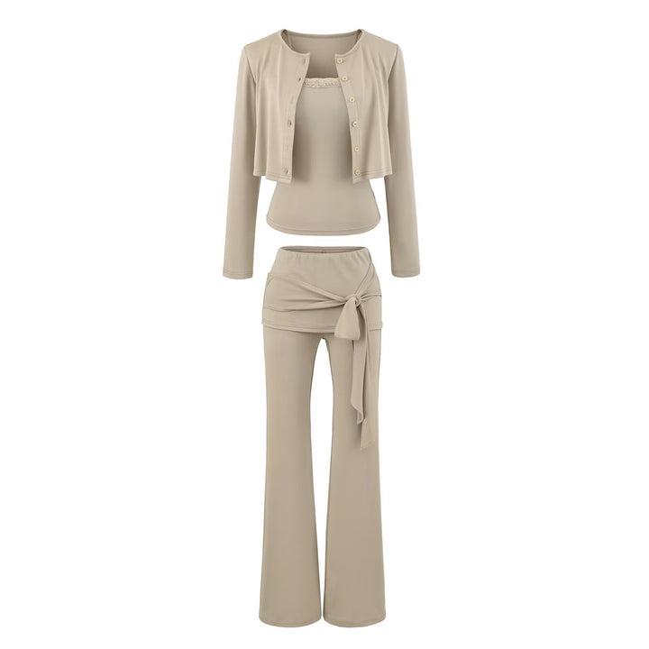 Women's three-piece lounge set with short button cardigan, lace top, and wrap flare pants Mune Fashion
