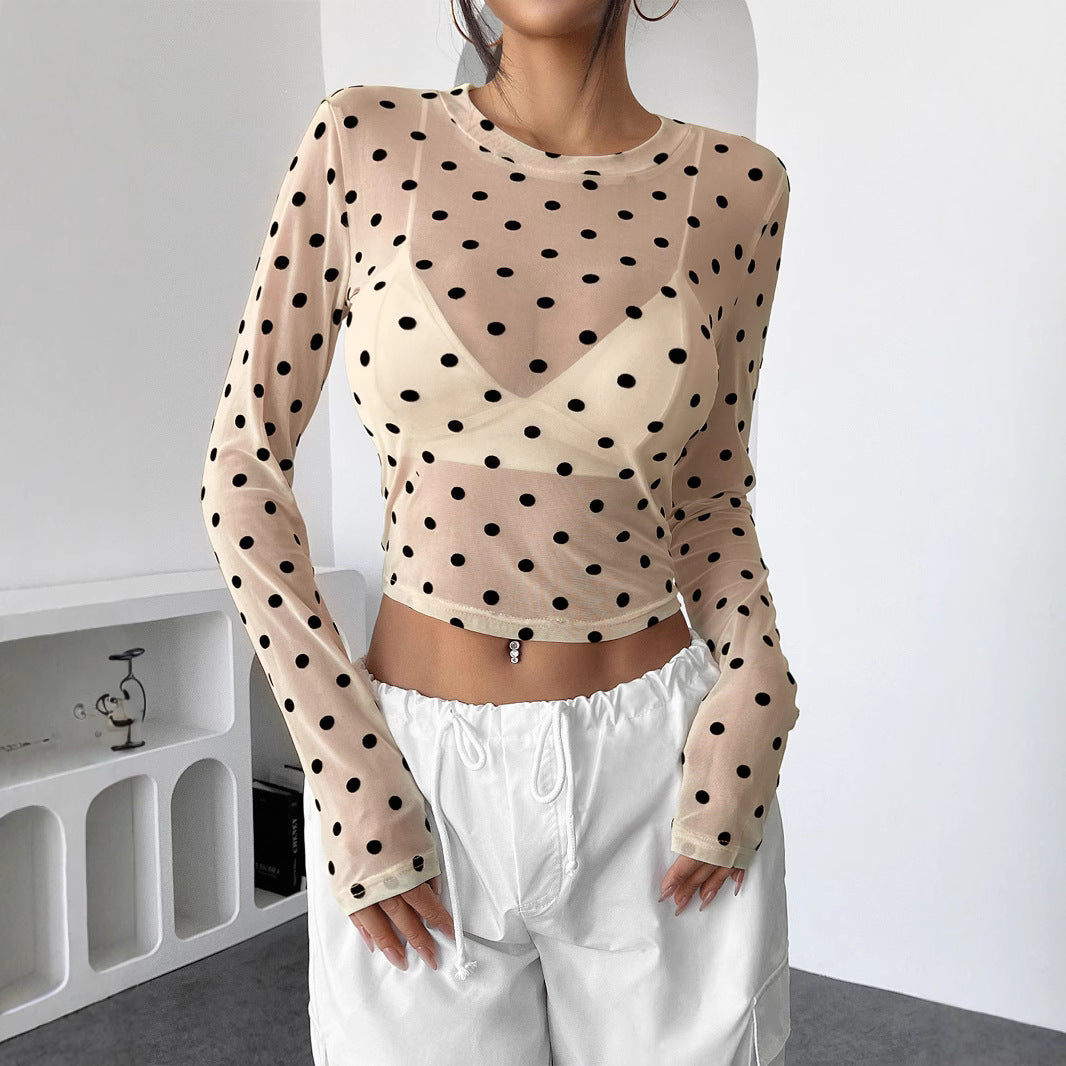 Women’s belly-free mesh fabric top with polka dot pattern and integrated bustier Mune Fashion