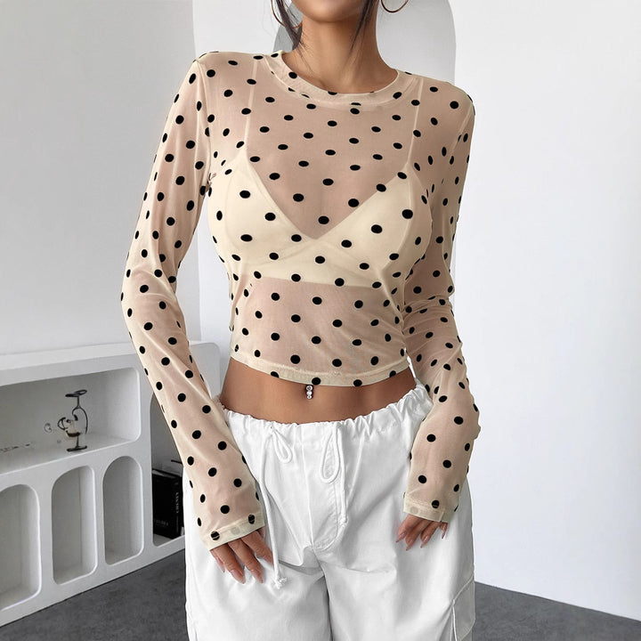 Women’s belly-free mesh fabric top with polka dot pattern and integrated bustier Mune Fashion